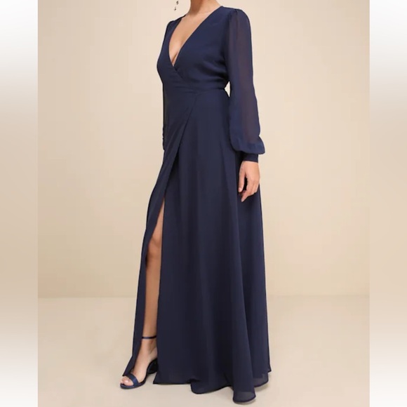 Lulus My Whole Heart Dark Navy‎ Blue Long Sleeve Wrap Dress size M NWT - Picture 1 of 13